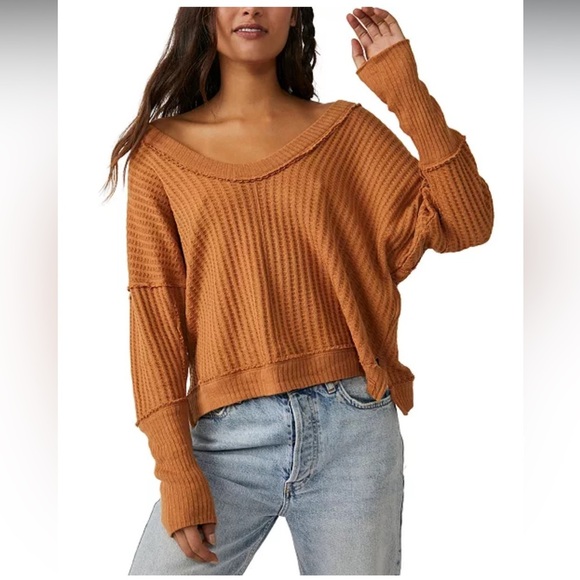 Free People Women's Magical Thermal Cotton Drop-Shoulder Waffle Top Small - Picture 1 of 10